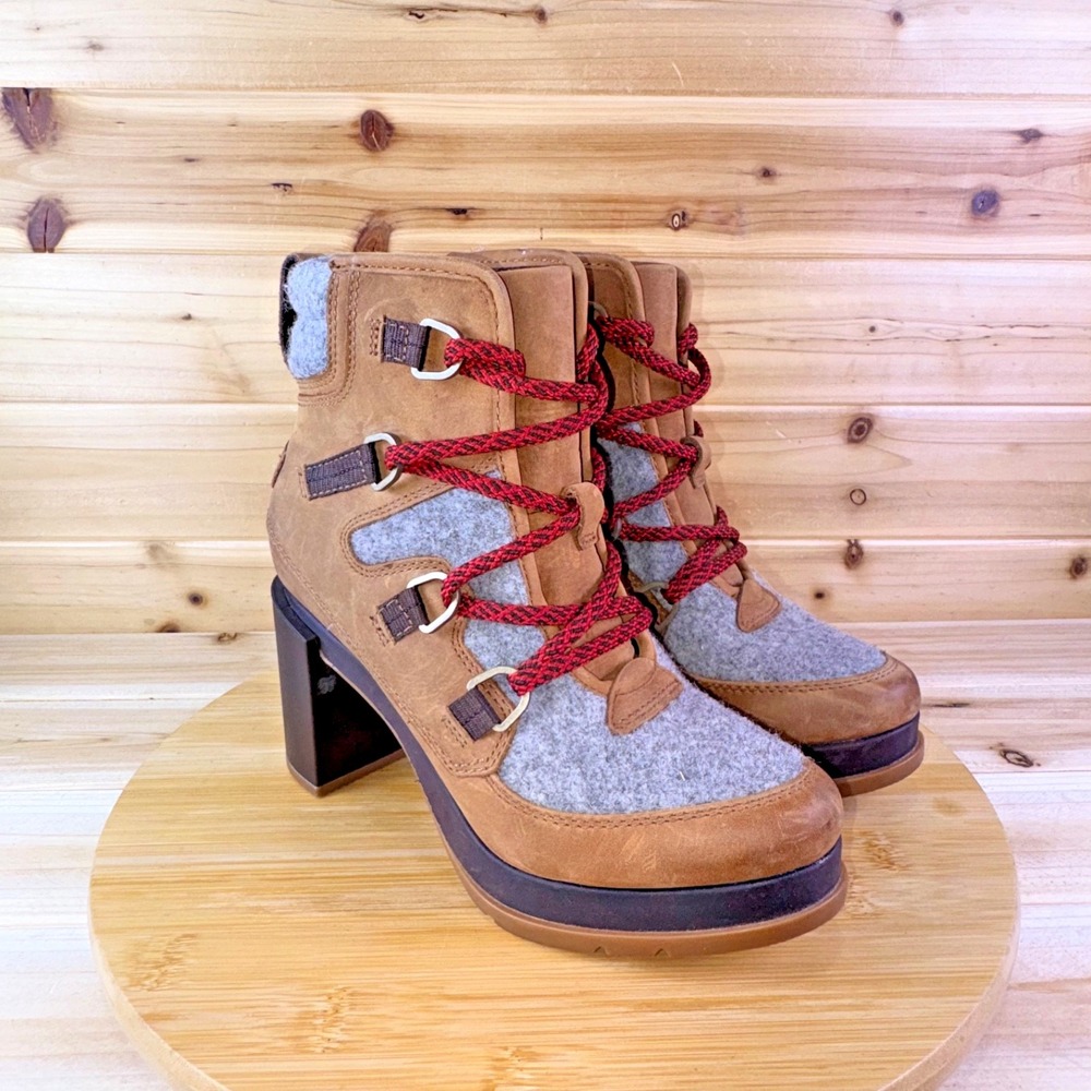 Sorel Boots Womens 6.5 Brown Leather Gray Felt Blake Lace Up High Heel Booties